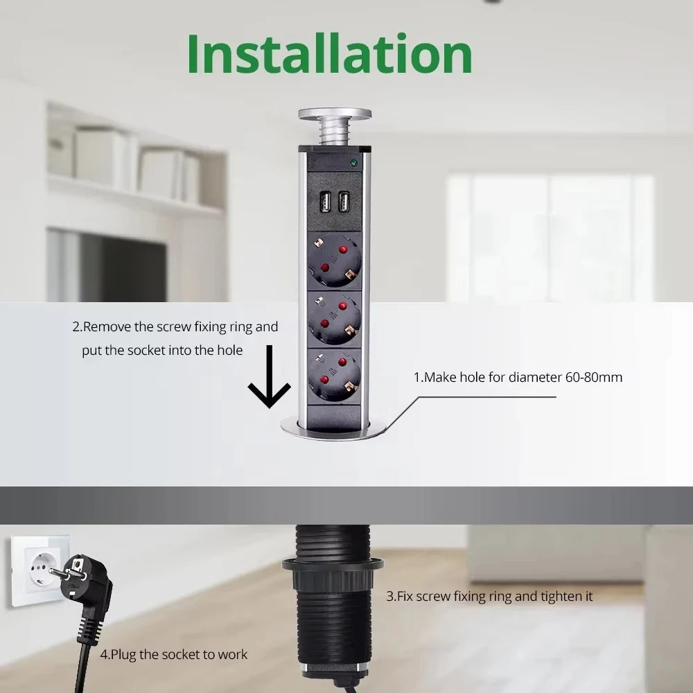 Retractable Pop-Up Desktop Socket – 3 Outlets + Dual USB, Aluminum Desktop Power Socket SPOT Black