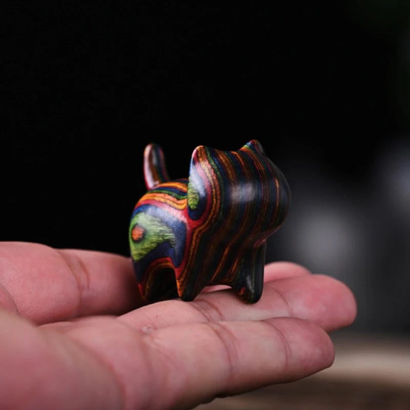 Rainbow Wood Carved Cat Sculpture – Handmade Wooden Kitten Wood Cat Figurine SPOT