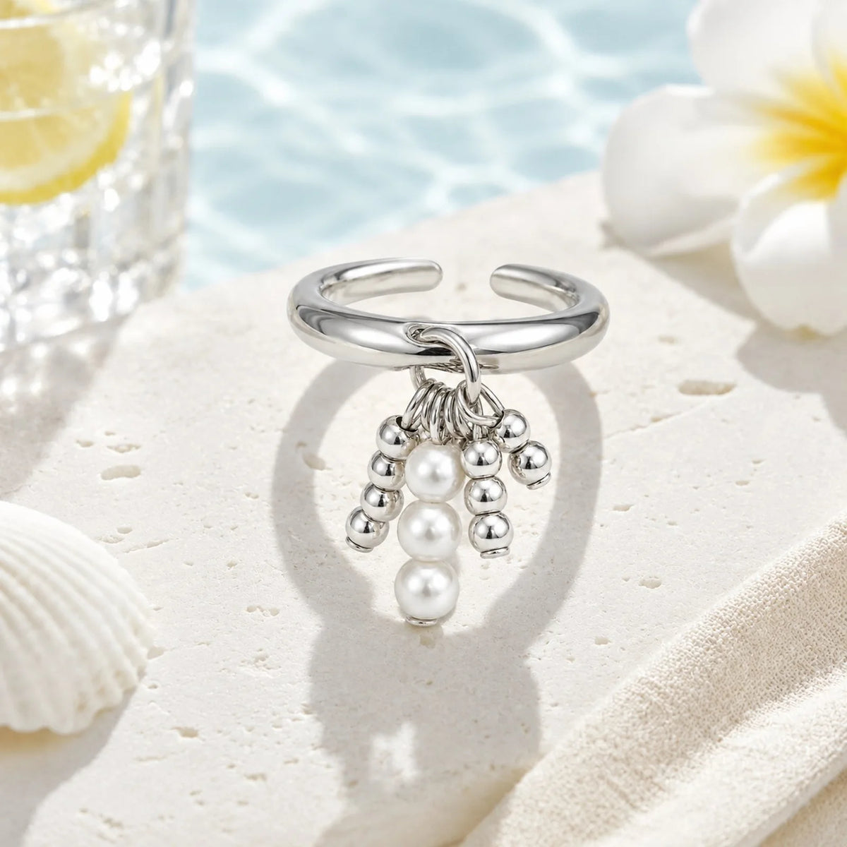 Pearl Bead Dangling Open Ring – Silver Statement Ring for Women Fashion Ring SPOT