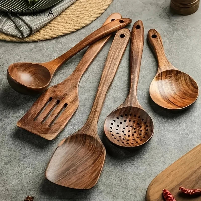 5-Piece Teak Wood Kitchen Utensil Set – Ladle, Turner & More Wooden Utensil Set SPOT