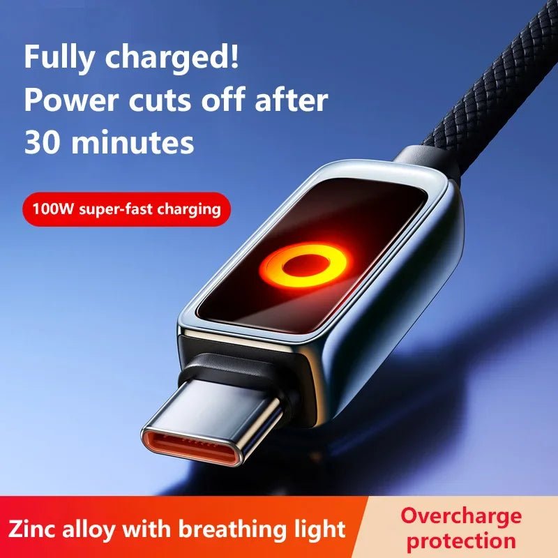 100W USB-C Fast Charging Cable with Breathing Light & Auto Off USB-C Charging Cable SPOT