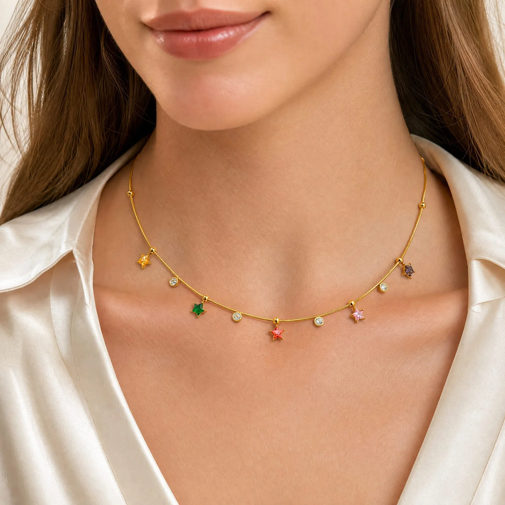 Multicolor Star CZ Snake Chain Necklace | 18K Gold Plated CZ Chain Necklace SPOT