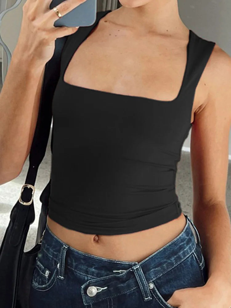 Women's Y2K Sleeveless Collar Crop Tank Top – Black Summer Crop Tank Top SPOT