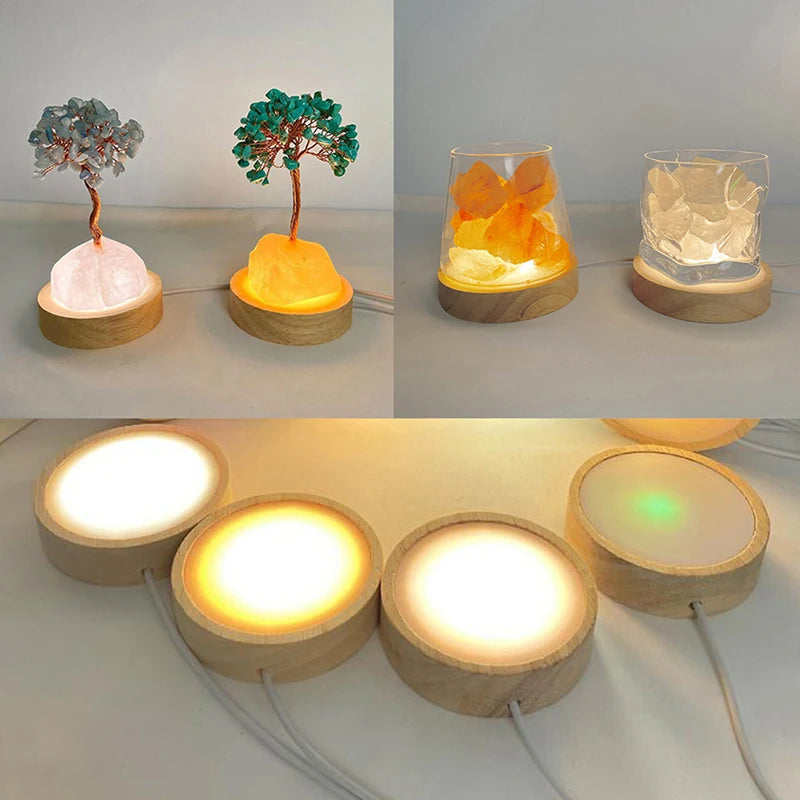 Wooden LED Light Base – USB Rotating Crystal Display Stand LED Display Stand SPOT