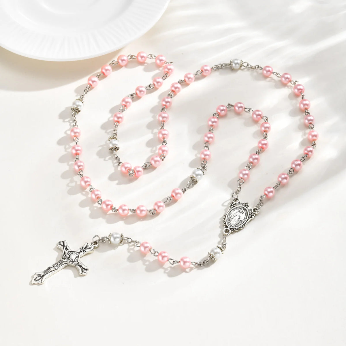 Pink Pearl Rosary Necklace – Virgin Mary Cross Catholic Gift Religious Pendant Necklace SPOT