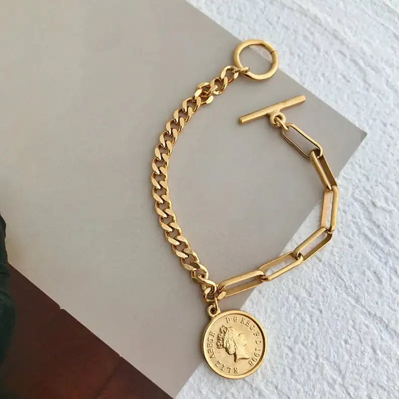 Queen Coin Medallion Chunky Chain Bracelet – Stainless Steel Chain Link Bracelet SPOT