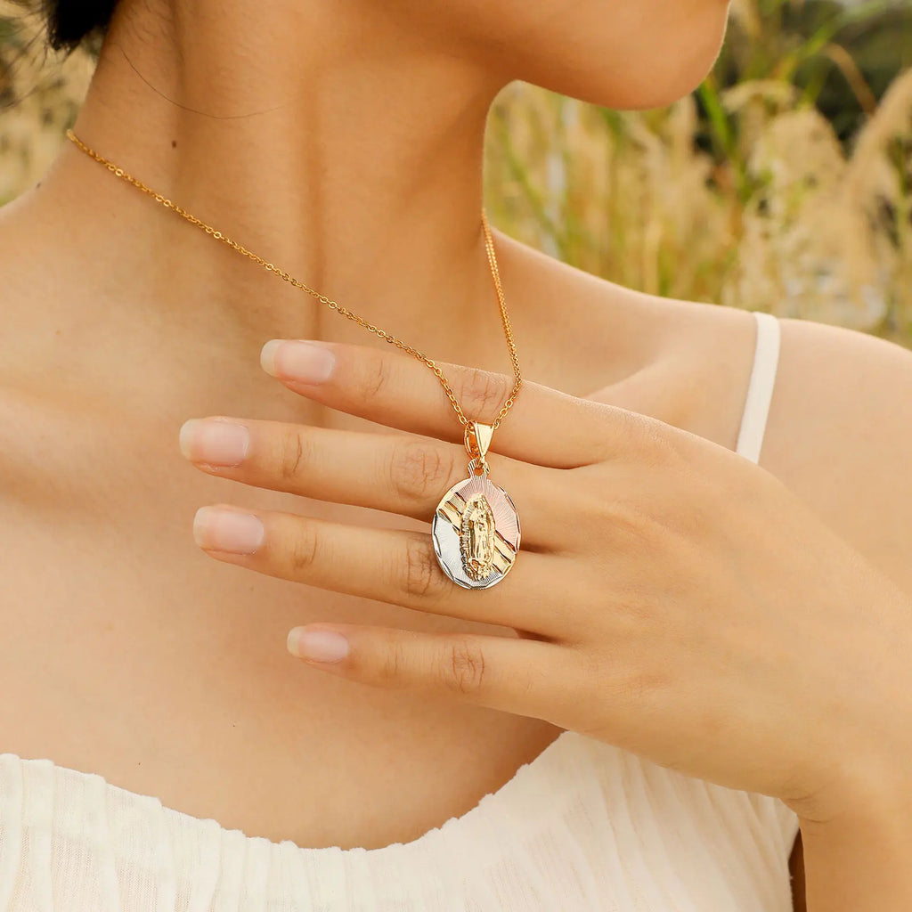 Tri-Color Gold Virgin Mary Guadalupe Pendant Necklace Gift Pendant Necklace SPOT