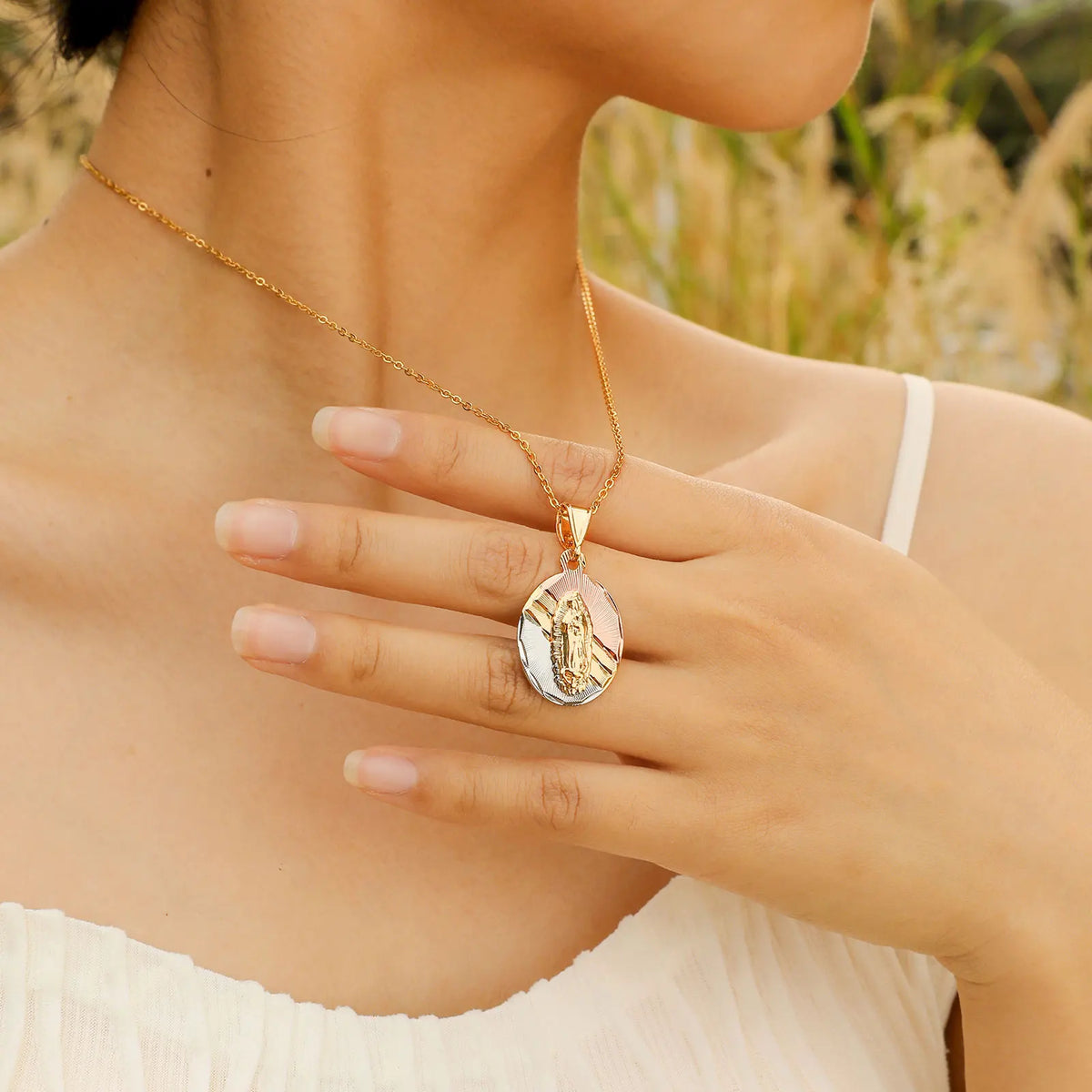 Tri-Color Gold Virgin Mary Guadalupe Pendant Necklace Gift Pendant Necklace SPOT