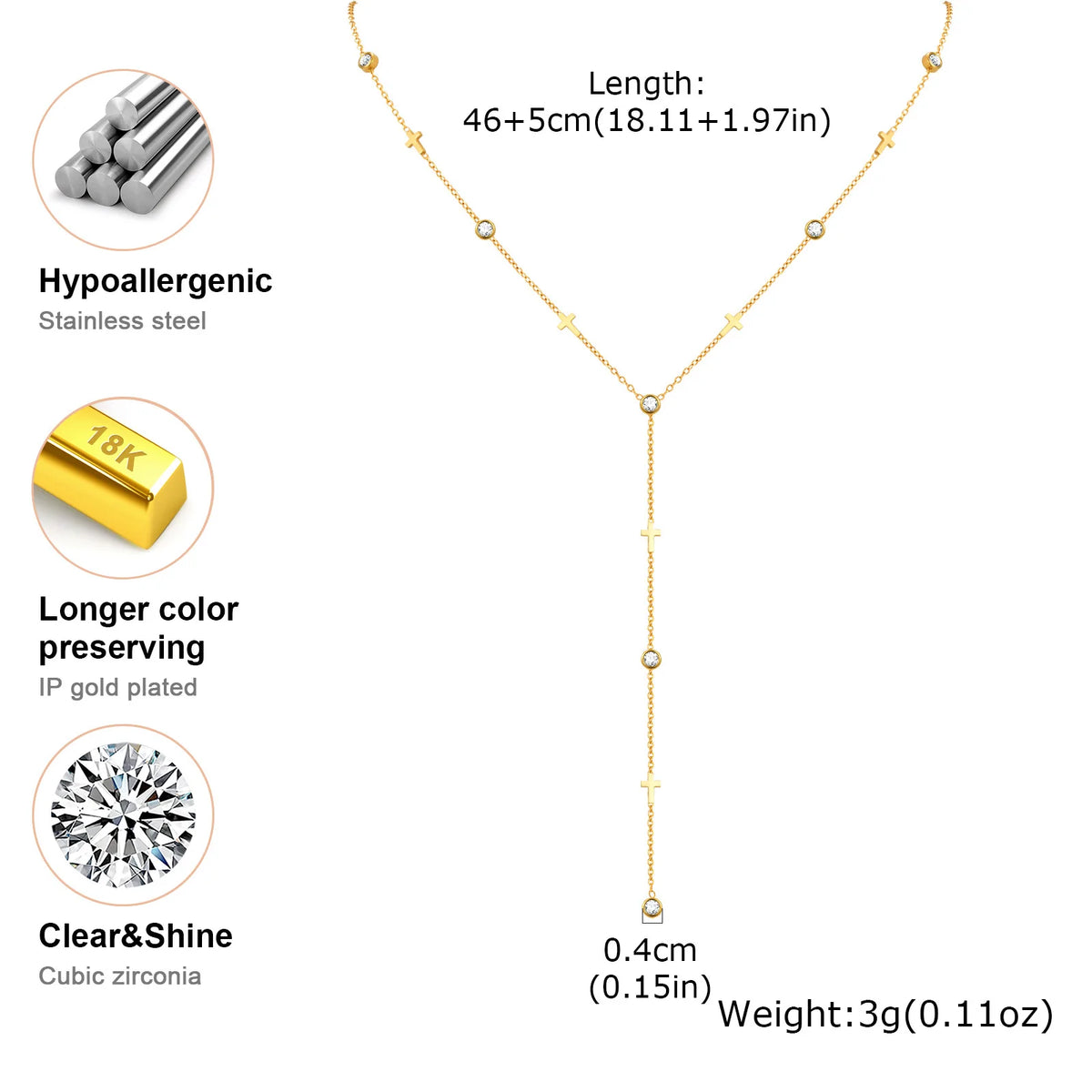 Cross Y-Shaped Lariat Necklace – Gold Zirconia Drop Chain Lariat Chain Necklace SPOT