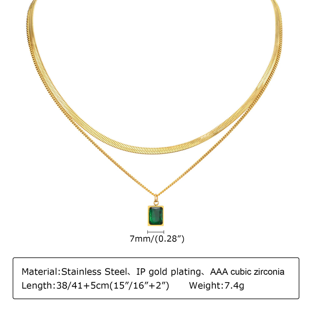 Gold Layering Necklace Set – Green Zirconia & Herringbone Choker Layering Necklace Set SPOT