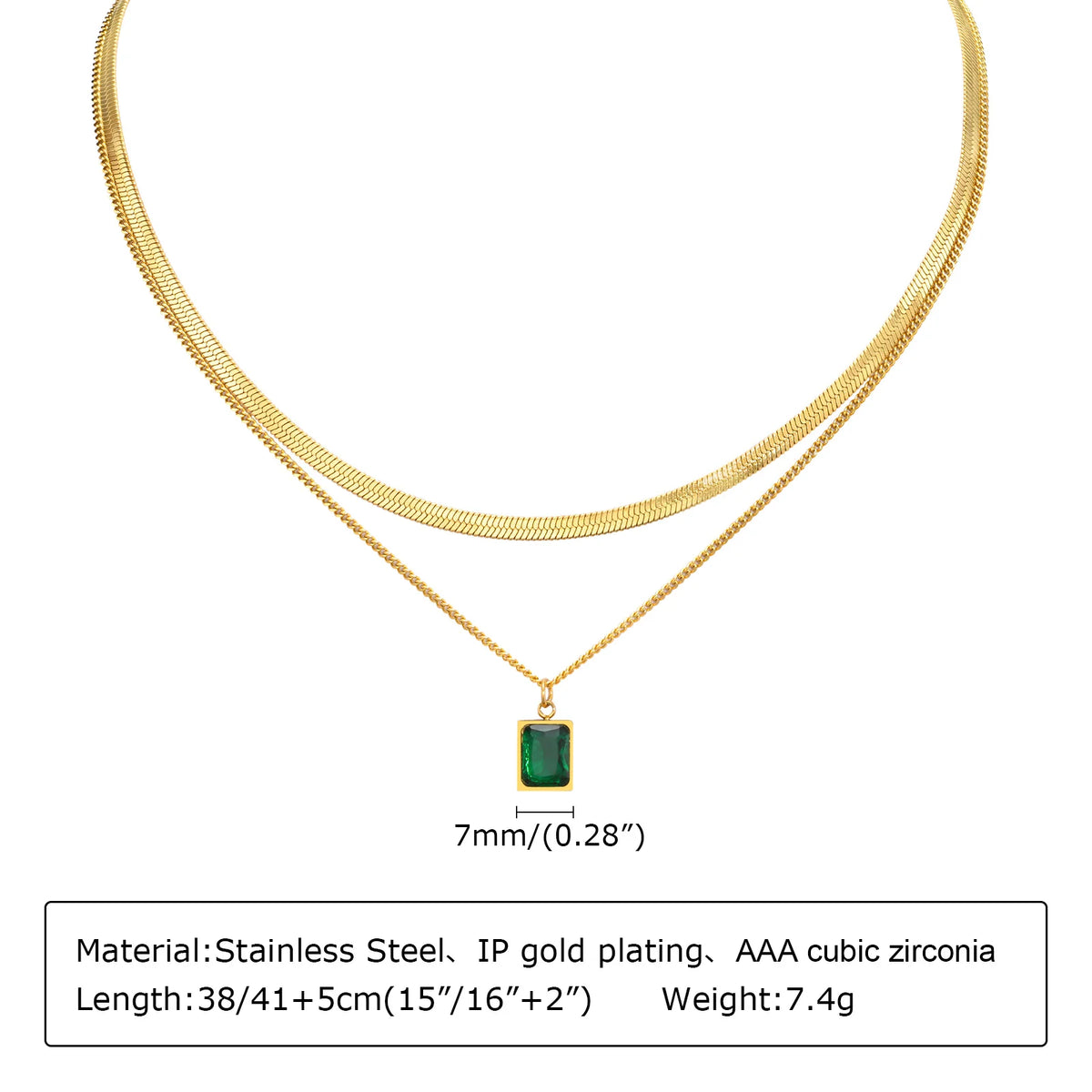 Gold Layering Necklace Set – Green Zirconia & Herringbone Choker Layering Necklace Set SPOT