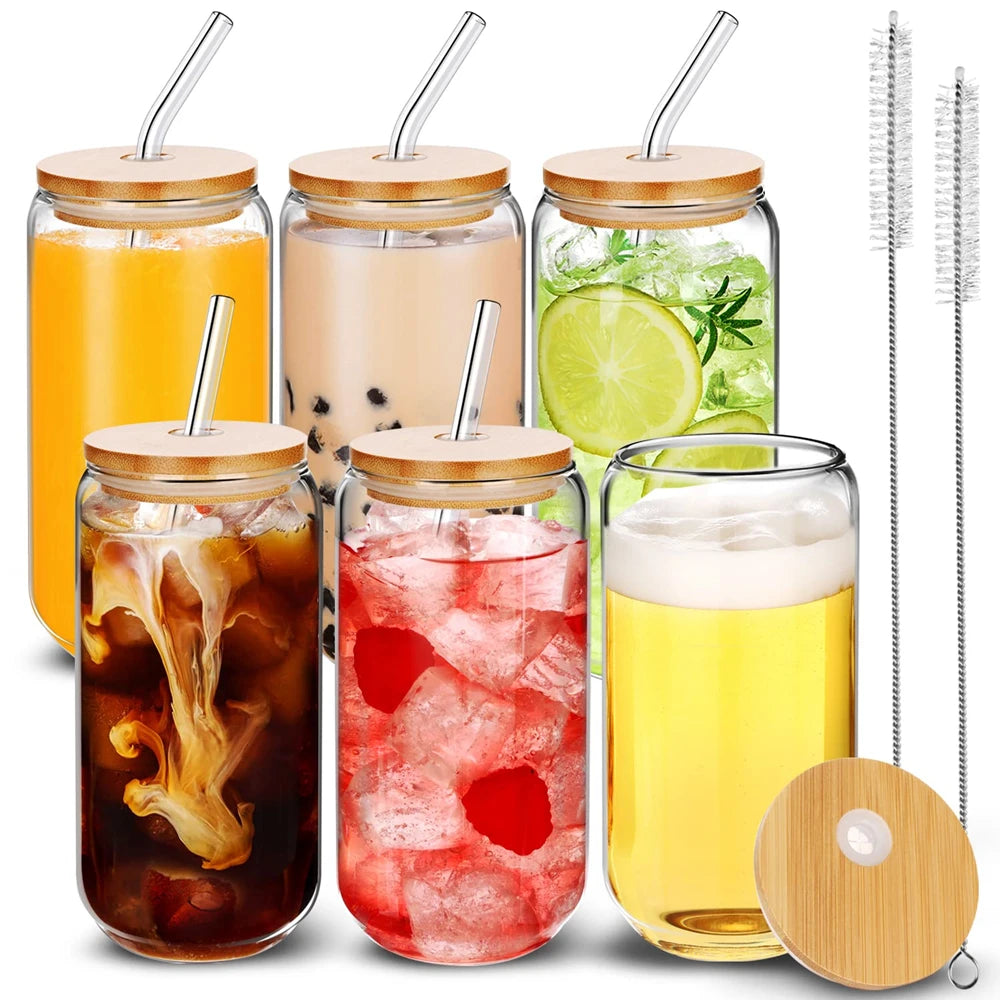 Glass Can Shaped Cups with Lids & Straws – 500ml Set Glass Drinkware Set SPOT