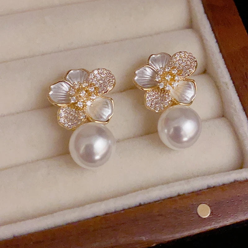 Sweet Flower Enamel Pearl Stud Earrings for Women & Girls Fashion Stud Earrings SPOT