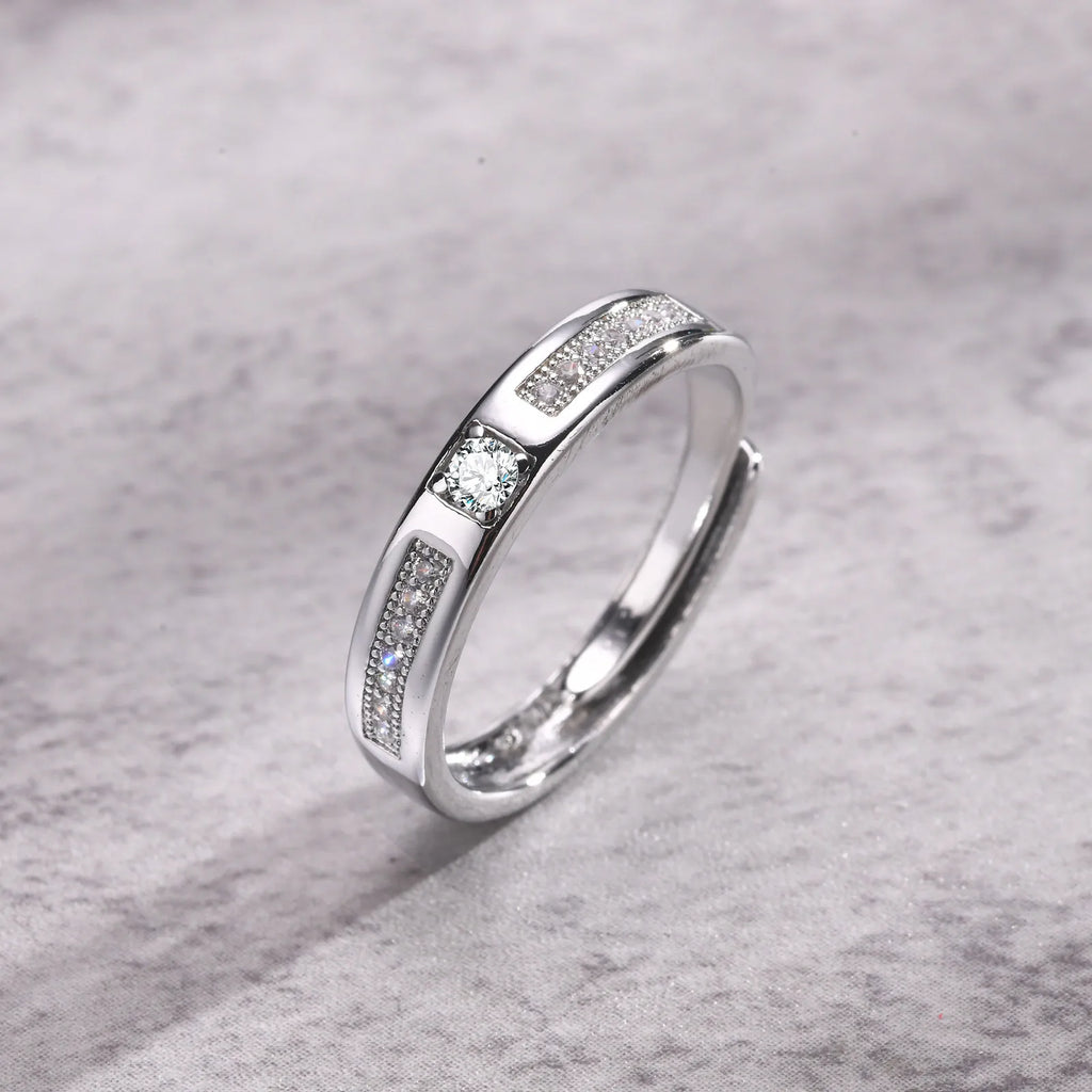 Adjustable CZ Silver-Tone Ring – Couples Wedding Band Gift Fashion Ring SPOT
