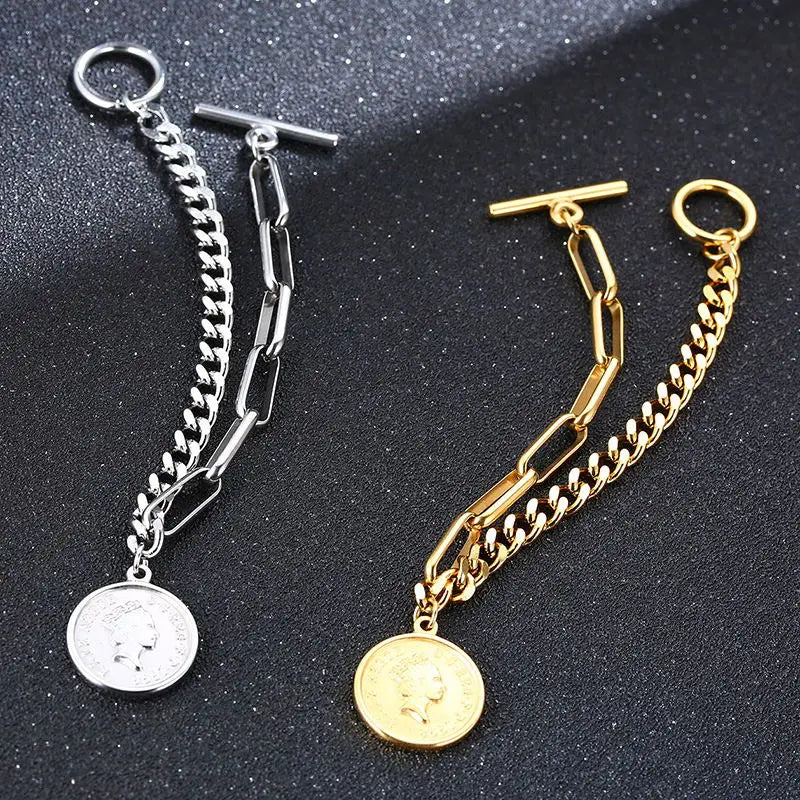 Queen Coin Medallion Chunky Chain Bracelet – Stainless Steel Chain Link Bracelet SPOT