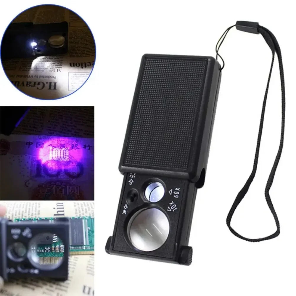 Mini 30X 60X LED UV Magnifier – Jewelry & Currency Tool Handheld Magnifier SPOT