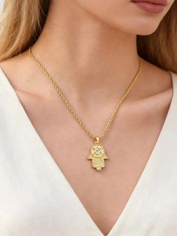 Hamsa Hand Star of David Necklace – 18K Gold CZ Pendant Pendant Necklace SPOT