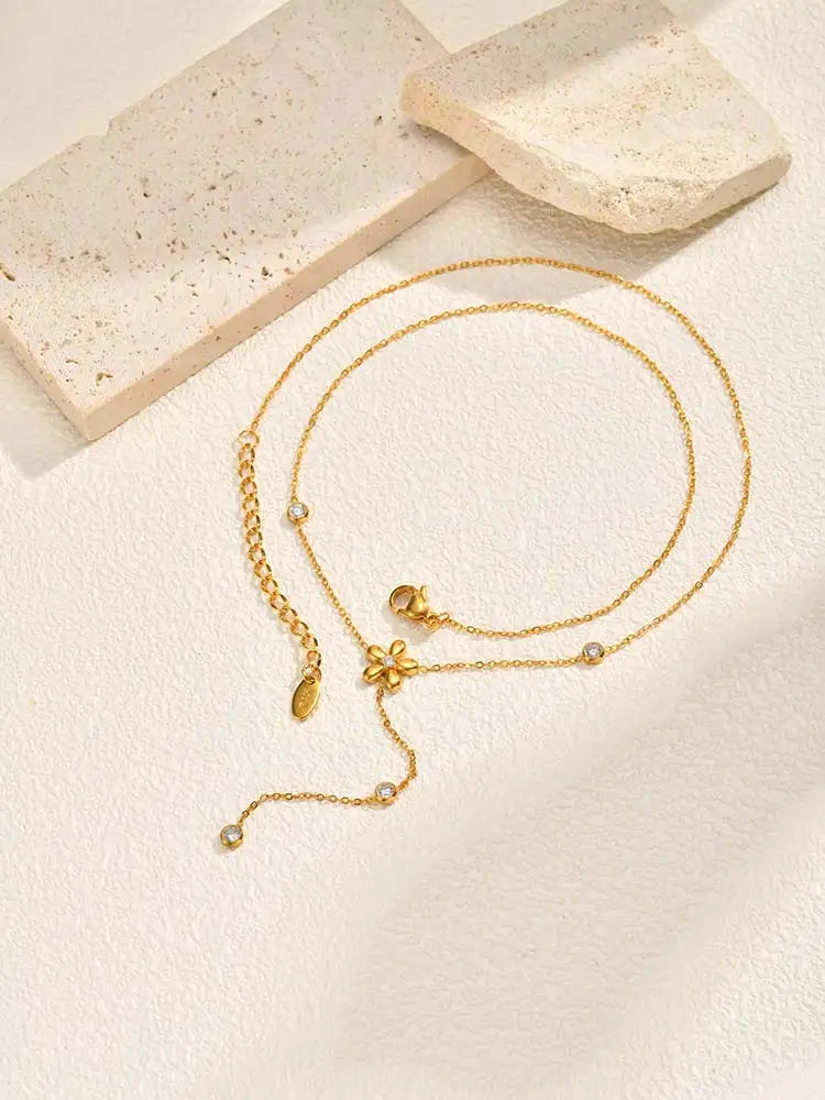 Y-Shape Zirconia Flower Lariat Necklace – Gold, Tarnish Free Pendant Necklace SPOT