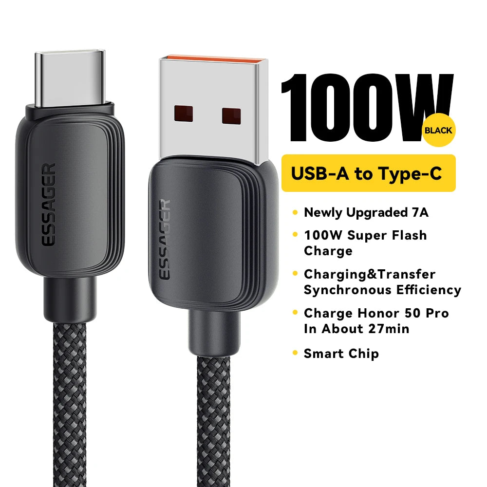 Essager 7A 100W USB-C Fast Charging Cable | Braided USB-C Charging Cable SPOT Black 7A 100W A To C 2m