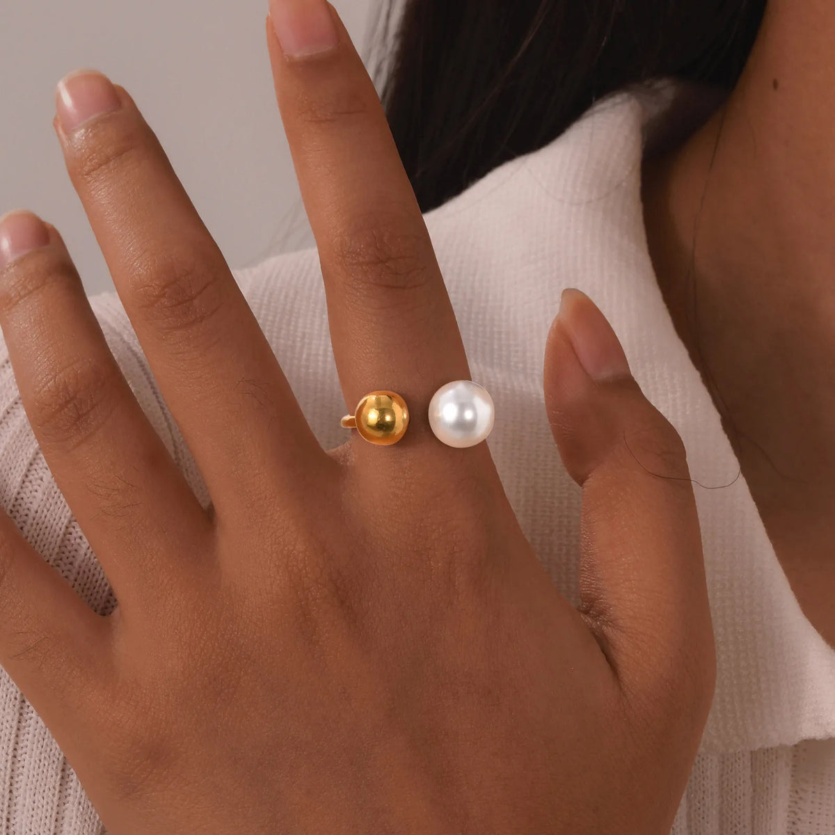 Pearl Open Ring Women – 18K Gold Plated Stainless Steel Cuff Fashion Ring SPOT