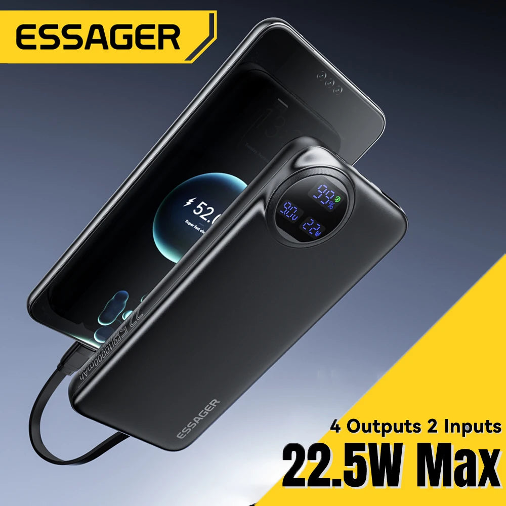 Essager 20000mAh Power Bank 22.5W PD Fast Charge Built-In Cables Portable Power Bank SPOT Black 30000mAh China Mainland