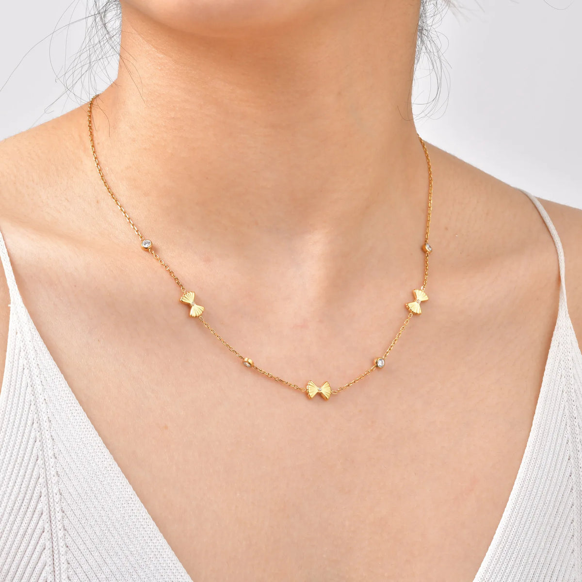 Bowknot Zircon Necklace 18K Gold Plated Stainless Steel Women Pendant Necklace SPOT
