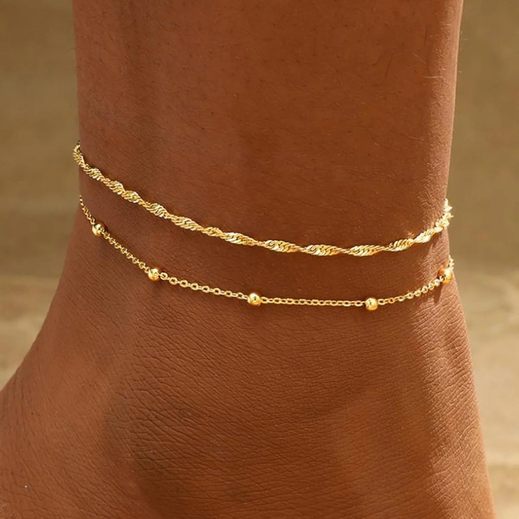 Meaeguet Gold Double Layer Bead Anklet – Tarnish-Free Stainless Steel Bead Anklet SPOT