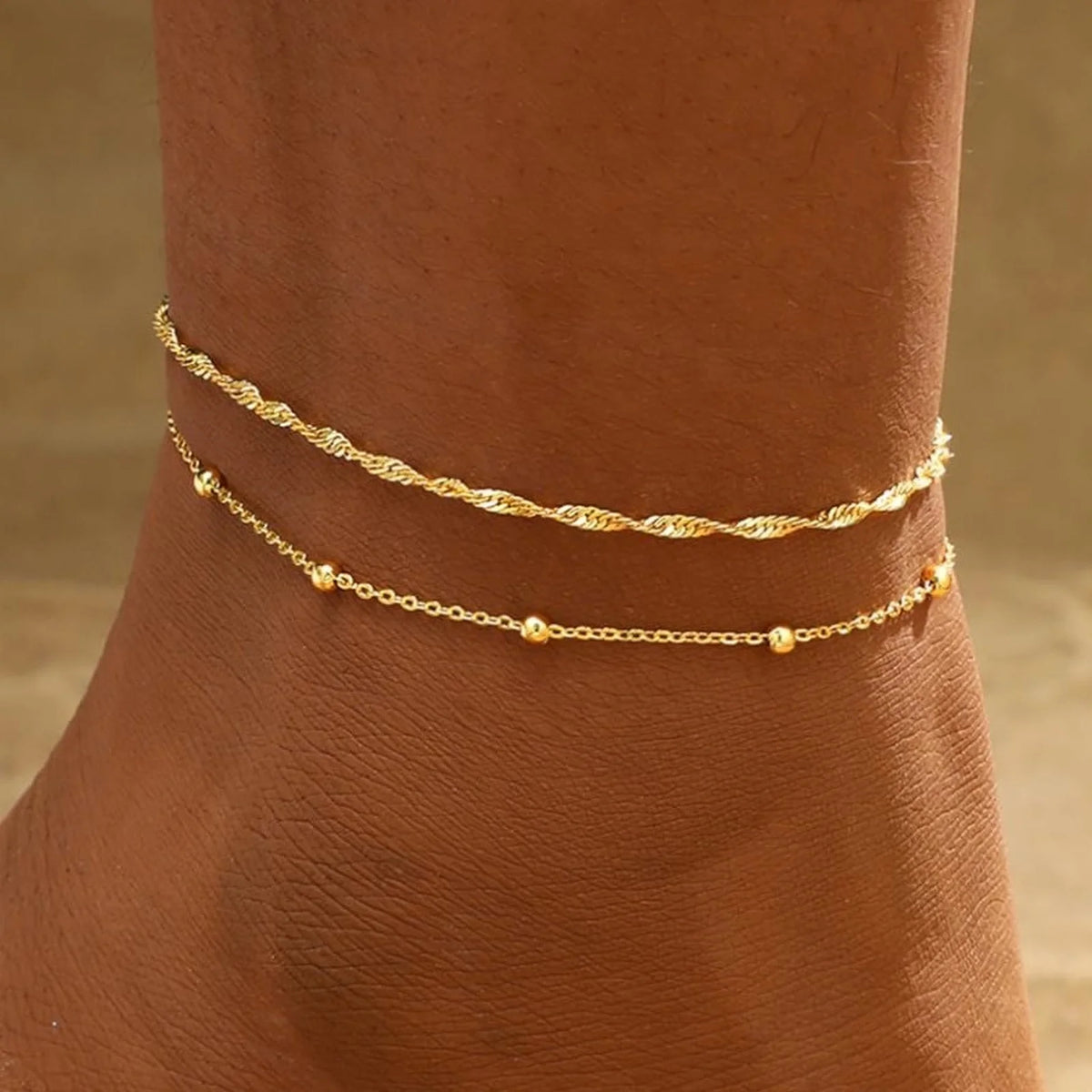 Meaeguet Gold Double Layer Bead Anklet – Tarnish-Free Stainless Steel Bead Anklet SPOT