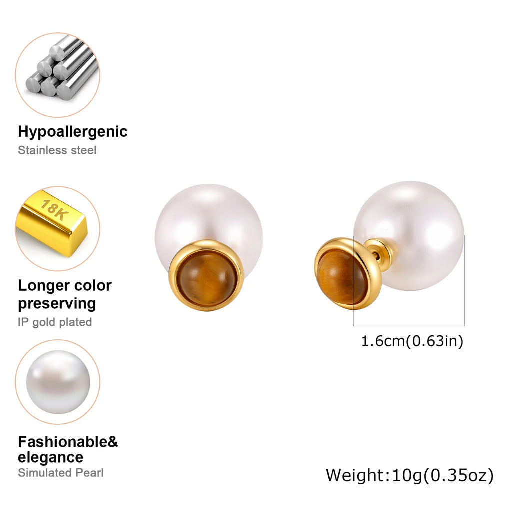 Tiger Eye & Faux Pearl Stud Earrings | 18K Gold Plated Steel Stud Earrings SPOT