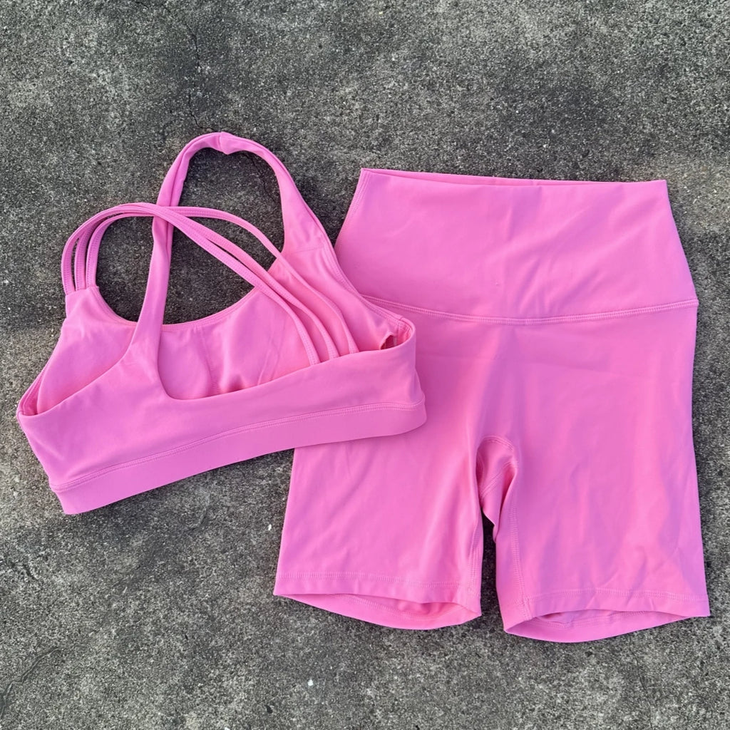 Women's High Waist Yoga Short Legging & Cross Back Bra Set Yoga Activewear Set SPOT Persimmon pink L