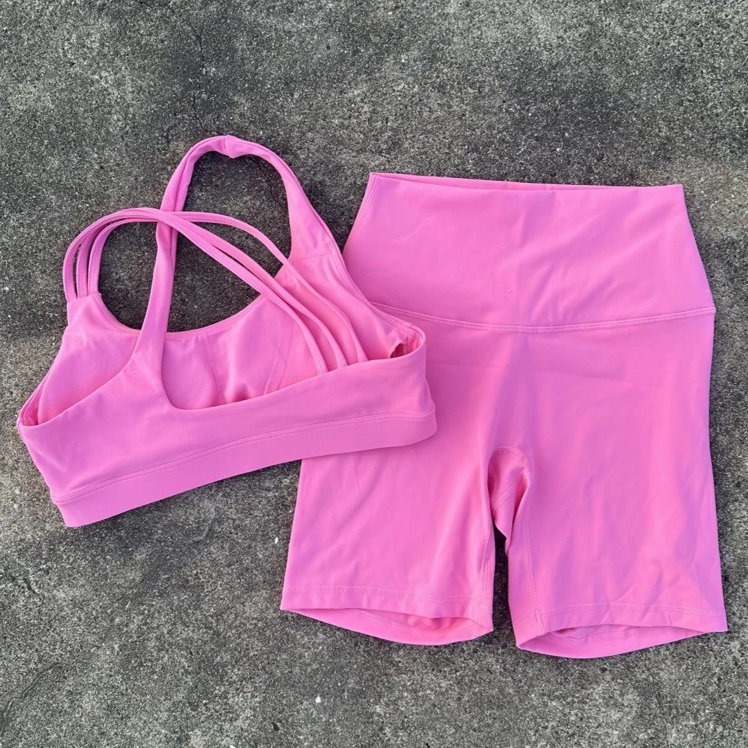 Women's High Waist Yoga Short Legging & Cross Back Bra Set Yoga Activewear Set SPOT Persimmon pink L