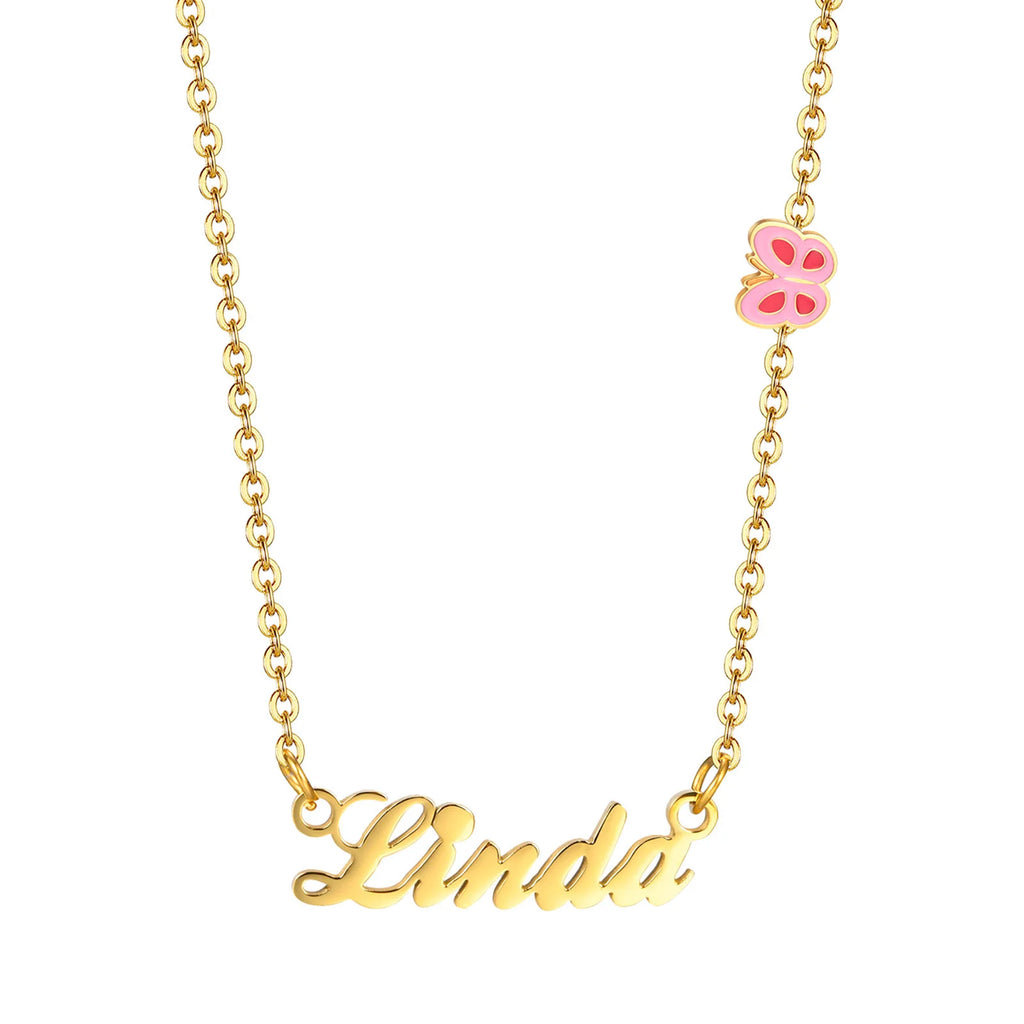 Custom Butterfly Name Necklace – Gold Plated & Pink Enamel Custom Name Necklace SPOT 55cm-60cm NNC-191G-NC-783G