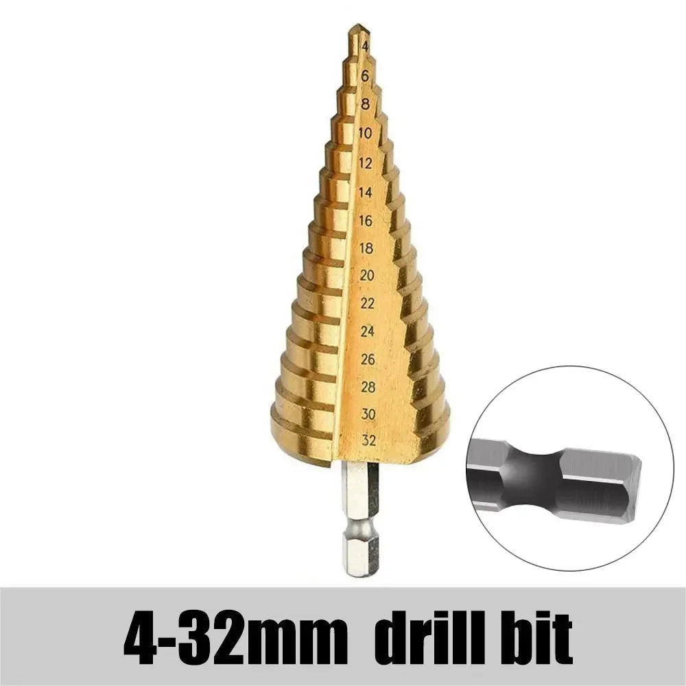 HSS Titanium Step Drill Bit Set – 3-12mm, 4-12mm, 4-20mm Step Drill Bit Set SPOT 4-32mm Hexagon