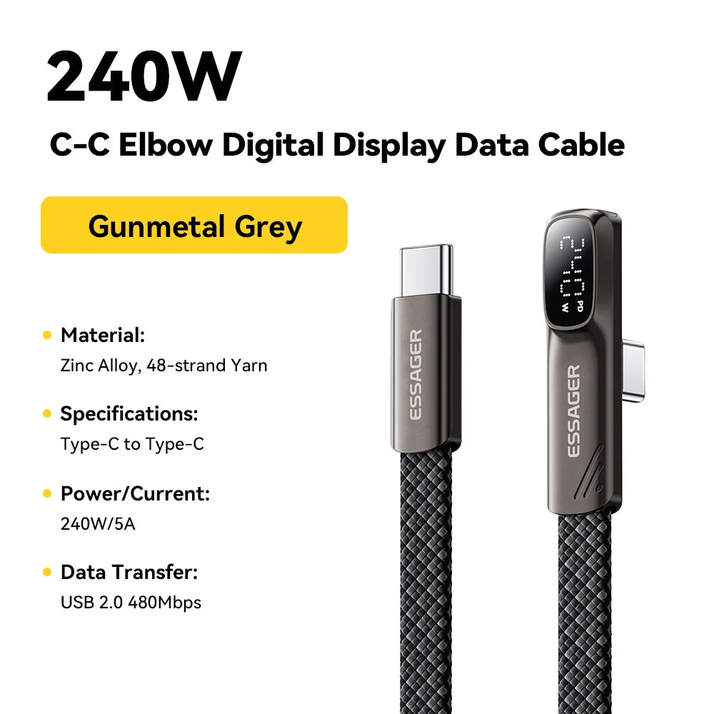 Essager 240W Elbow USB-C Fast Charging Cable 1m/2m USB-C Charging Cable SPOT Gunmetal Grey 2m