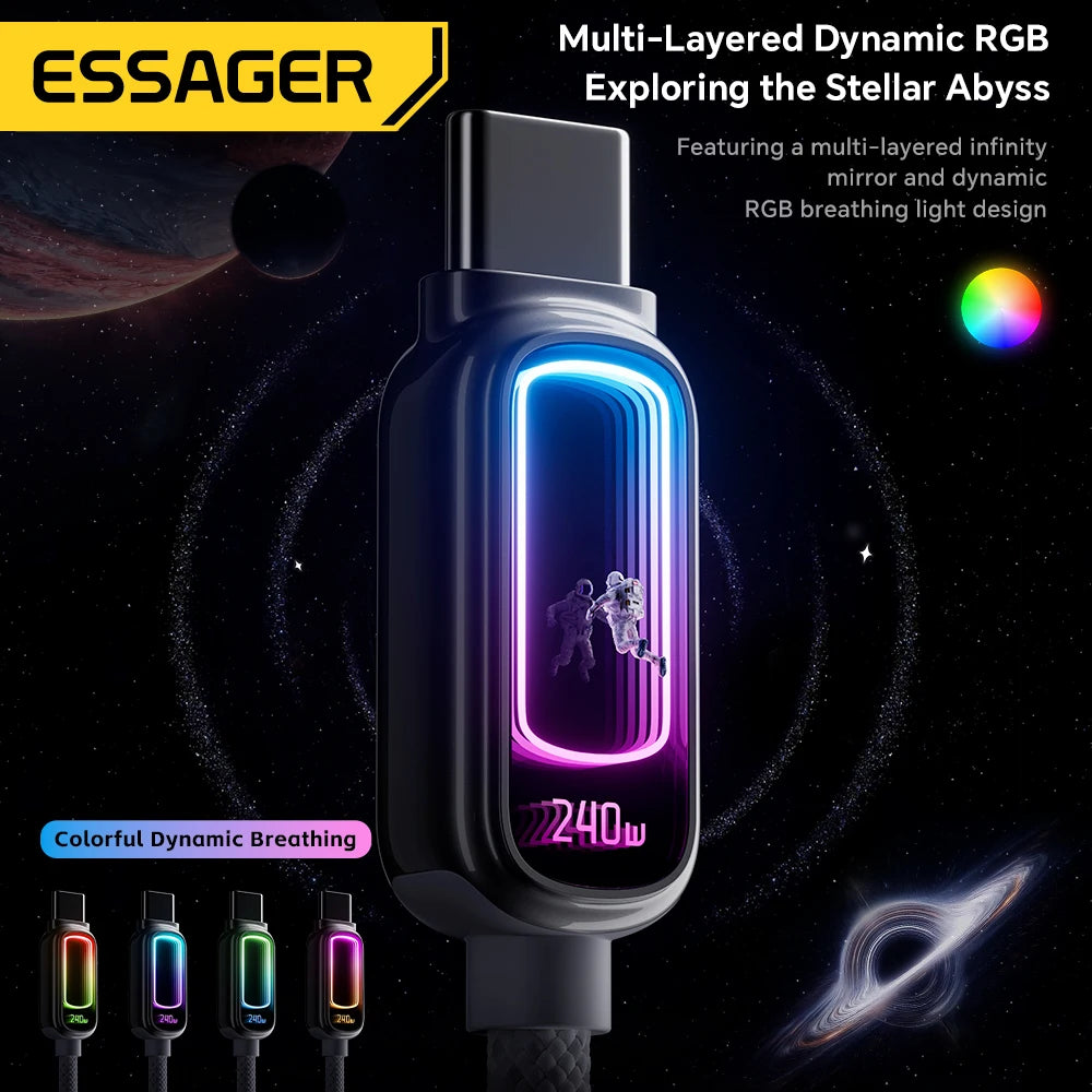 Essager 240W USB-C Cable 5A PD3.1 Fast Charging E-Marker LED USB-C Charging Cable SPOT