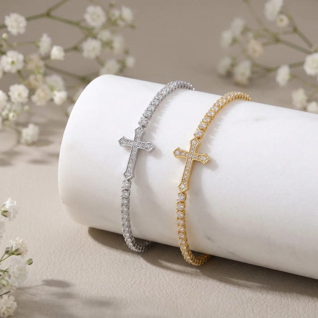 CZ Cross Tennis Bracelet – 18K Gold Plated, Hypoallergenic CZ Link Bracelet SPOT