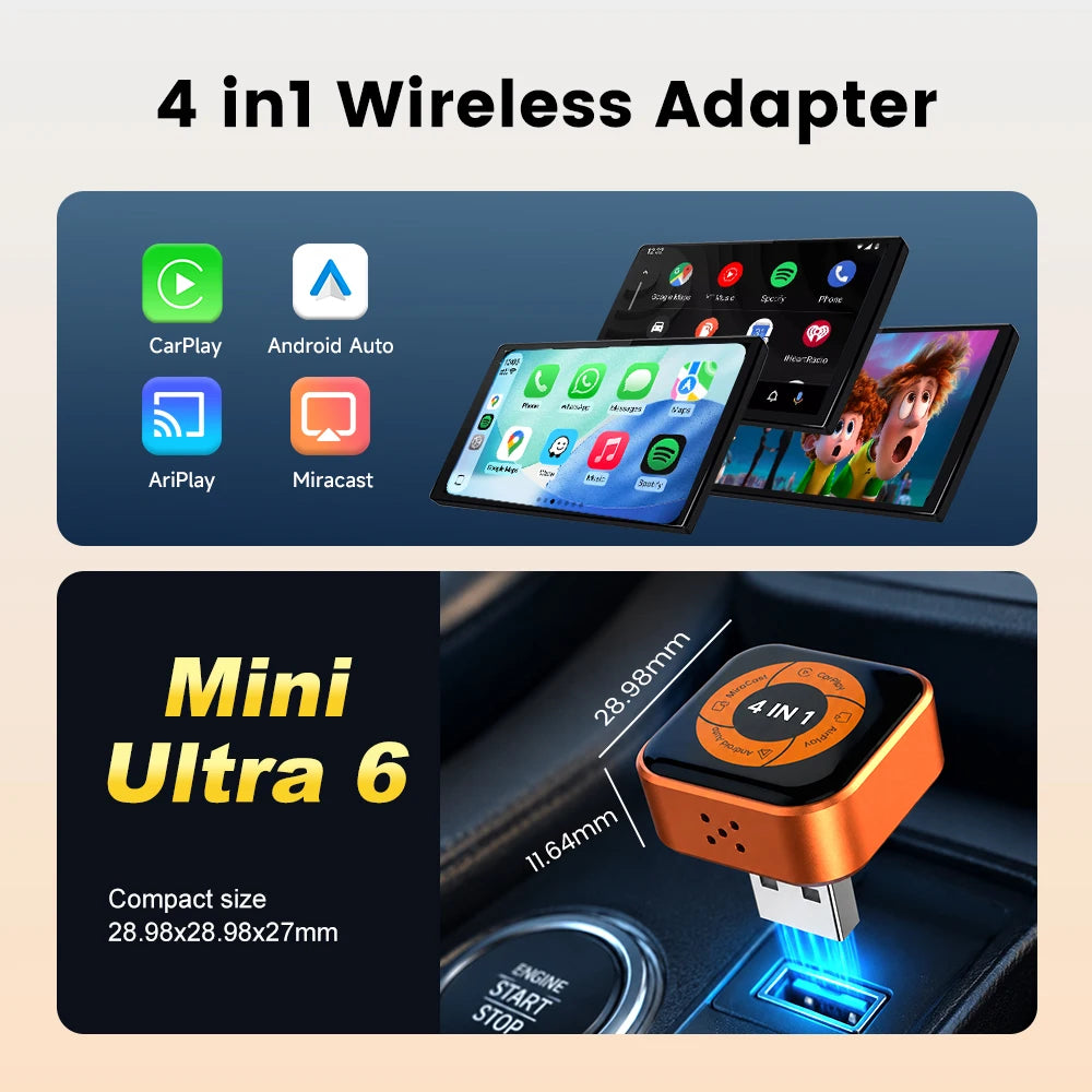 Mini Ultra Wireless CarPlay & Android Auto Adapter 4-in-1 Wireless CarPlay Adapter SPOT New Mini Ultra 6 Wired to wireless