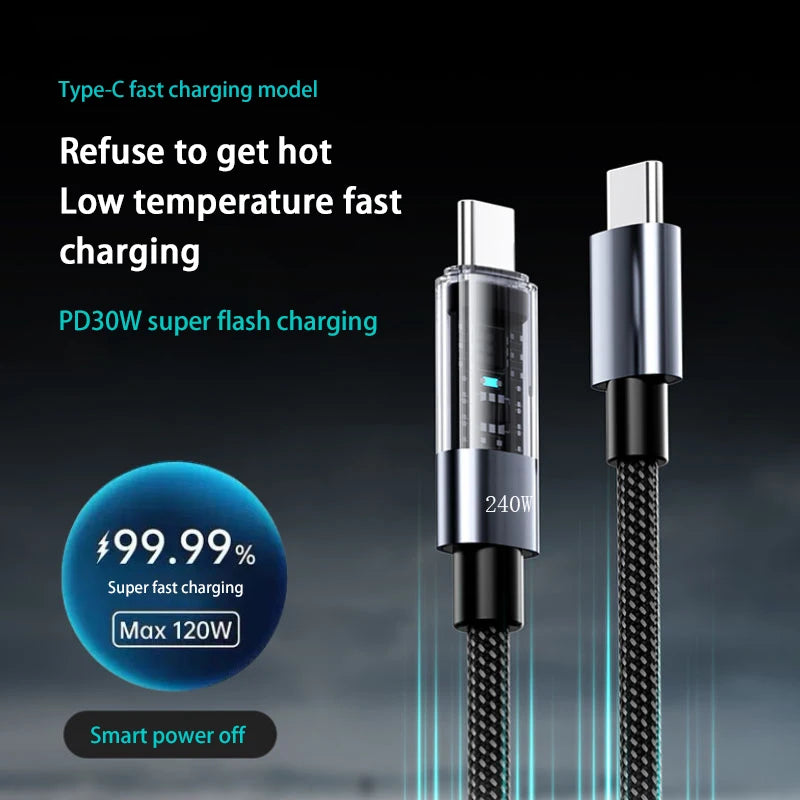 240W USB-C Fast Charging Cable – Nylon Braided LED Display USB-C Charging Cable SPOT Dual Type C 2m