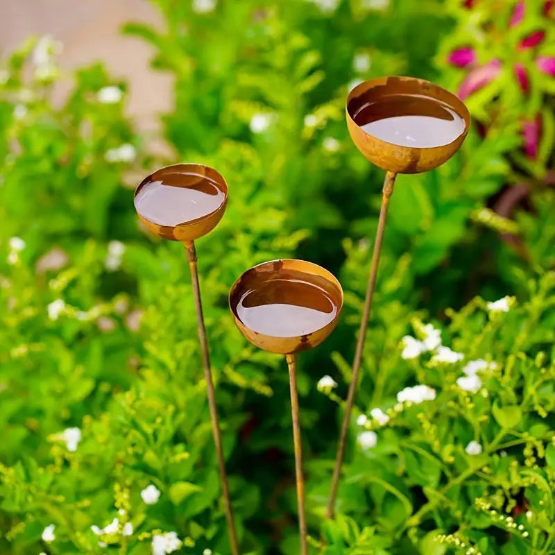 3-Pack Rustic Metal Rain Catcher Garden Stakes – Aged Bronze Garden Stake Ornament SPOT