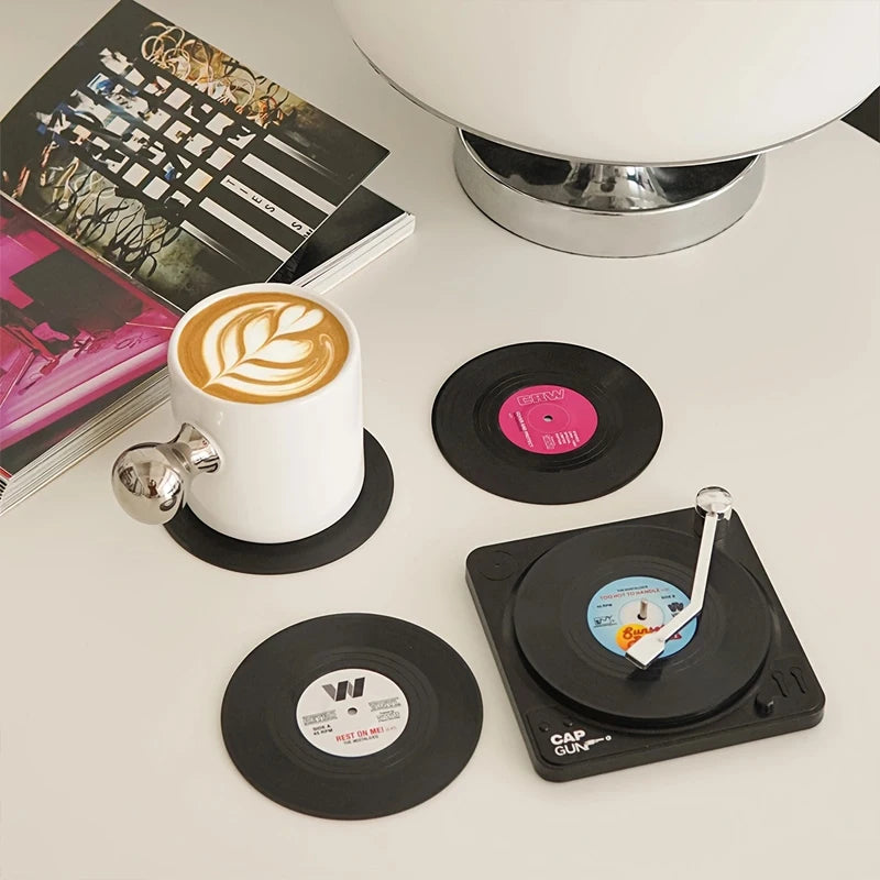6-Pack Vinyl Record Coasters with Player Storage Stand Decorative Coaster Set SPOT