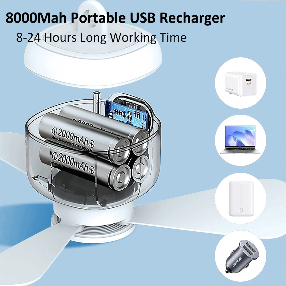 8000mAh Rechargeable Camping Ceiling Fan with Remote & LED Portable Camping Fan SPOT