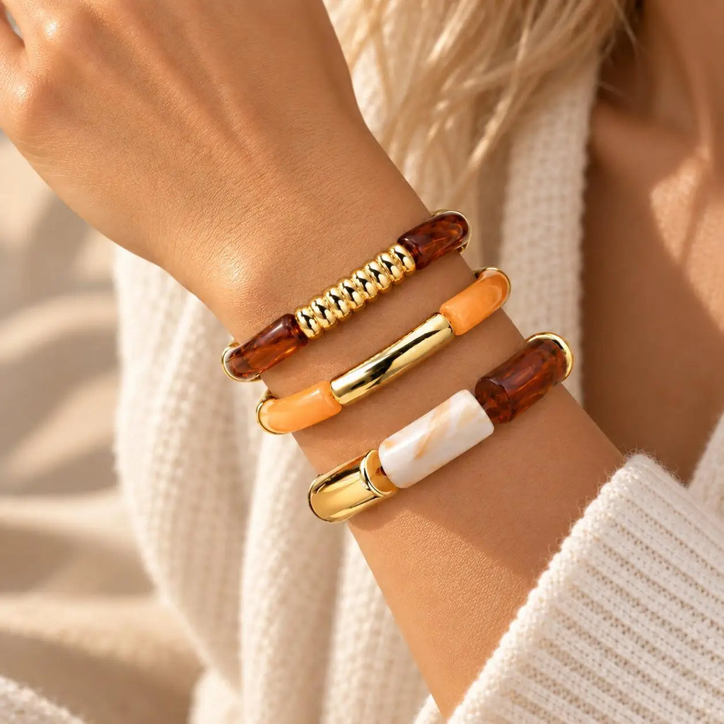 Chunky Resin Stretch Bracelet – Amber Brown Vintage Stack Jewelry Resin Stretch Bracelet SPOT