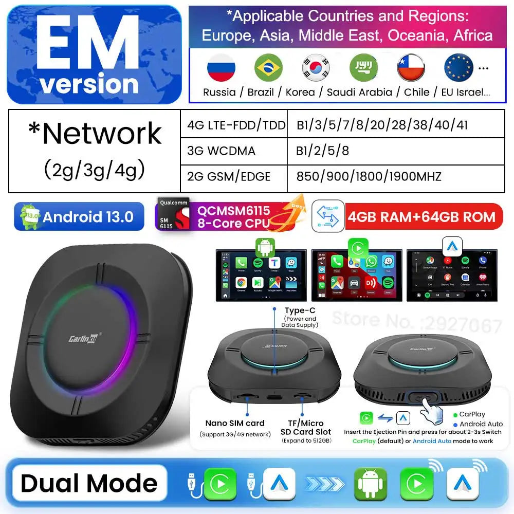 CarlinKit Android 13 CarPlay AI Box SM6115 – Wireless CarPlay & Auto CarPlay AI Streaming Box SPOT EM 4G 64G Android 13 SM6115