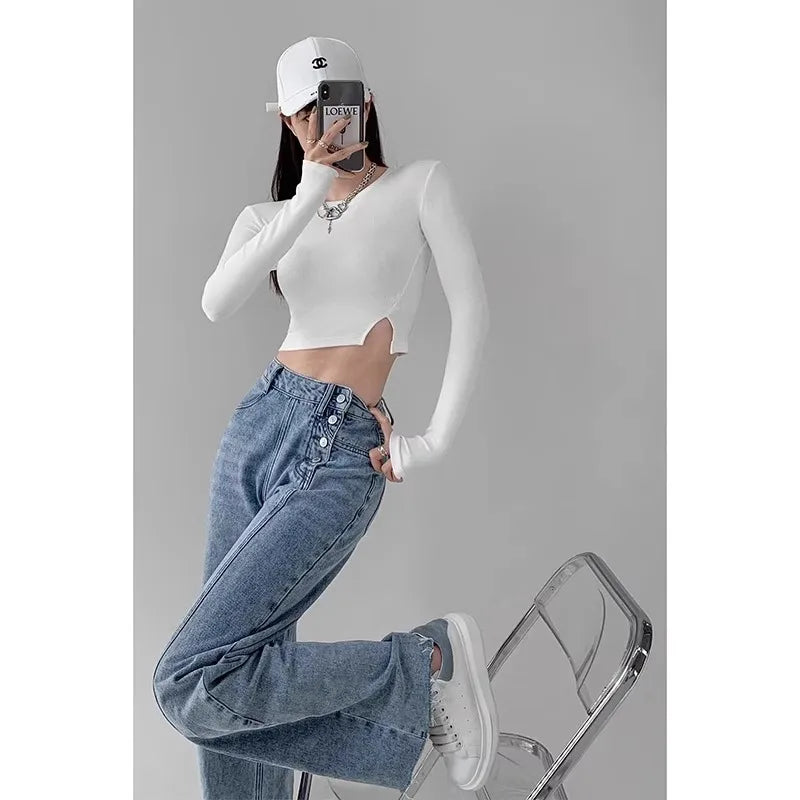 Women's High-Waist Wide-Leg Straight Denim Jeans Wide Leg Jeans SPOT Blue 8022 XL