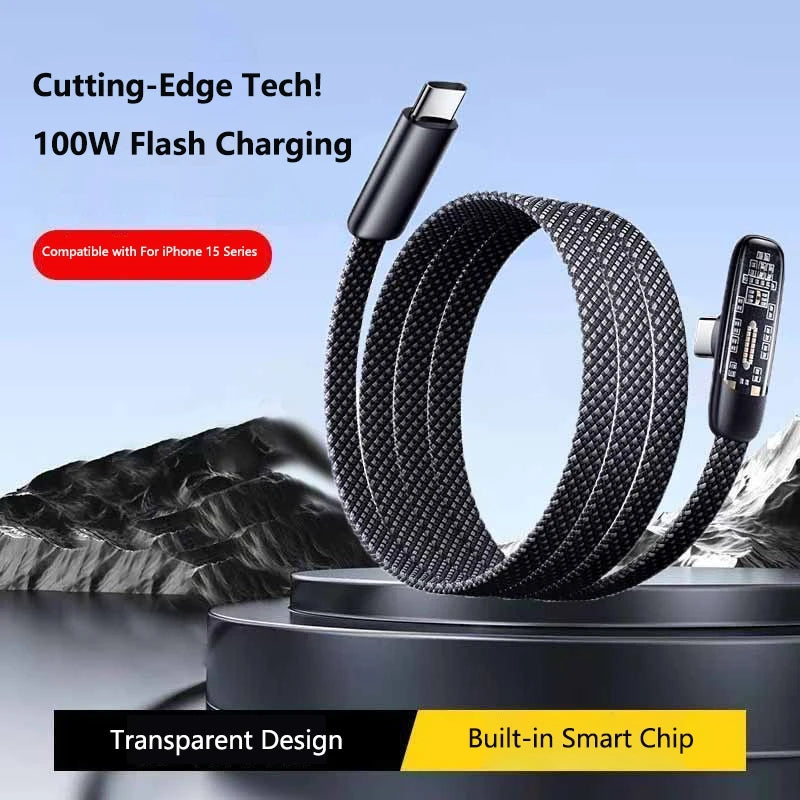 100W USB-C Right-Angle Fast Charging Cable 6A Braided USB-C Charging Cable SPOT