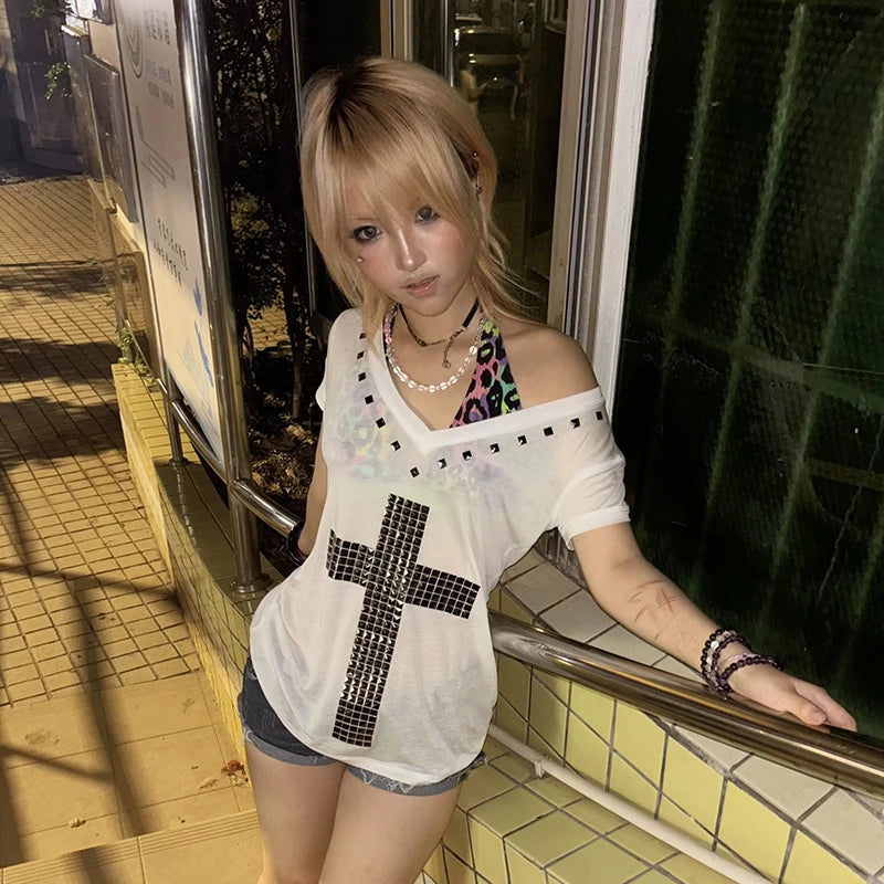 Y2K Metal Cross Print Sheer T-Shirt | Harajuku V-Neck Top Streetwear T-Shirt SPOT