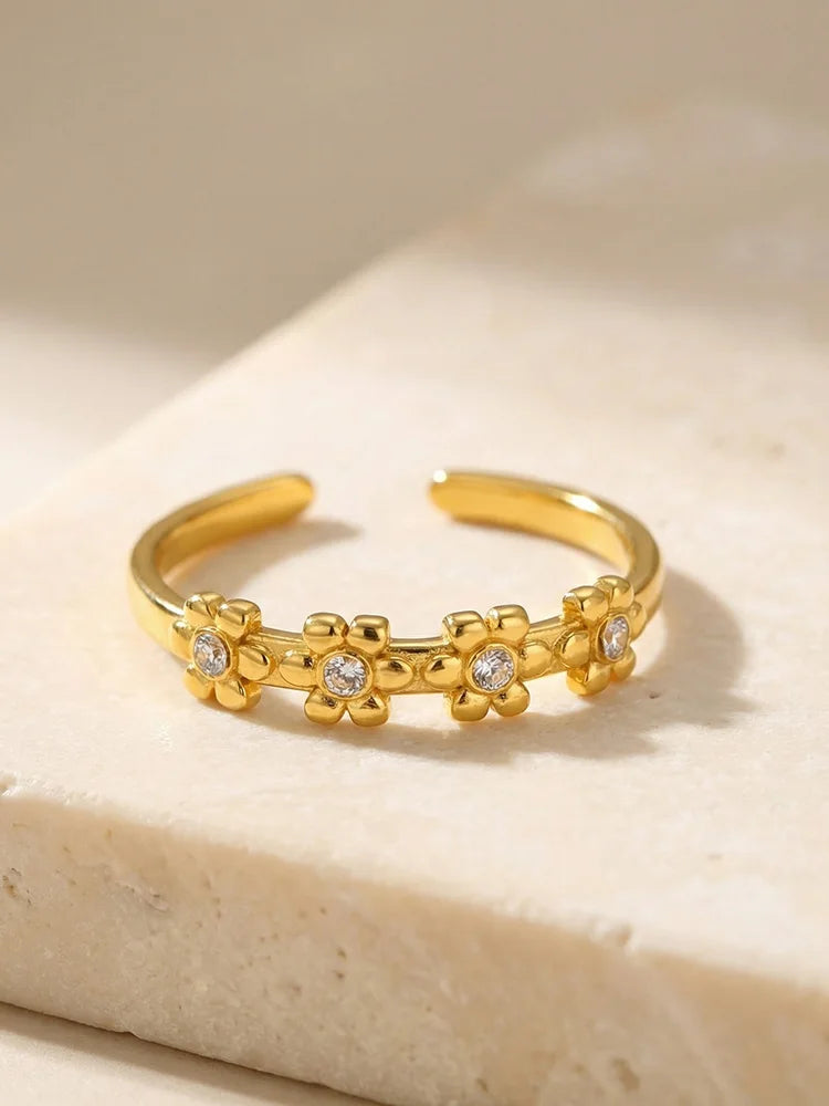 18K Gold Plated CZ Flower Open Ring – Adjustable Stackable Fashion Ring SPOT