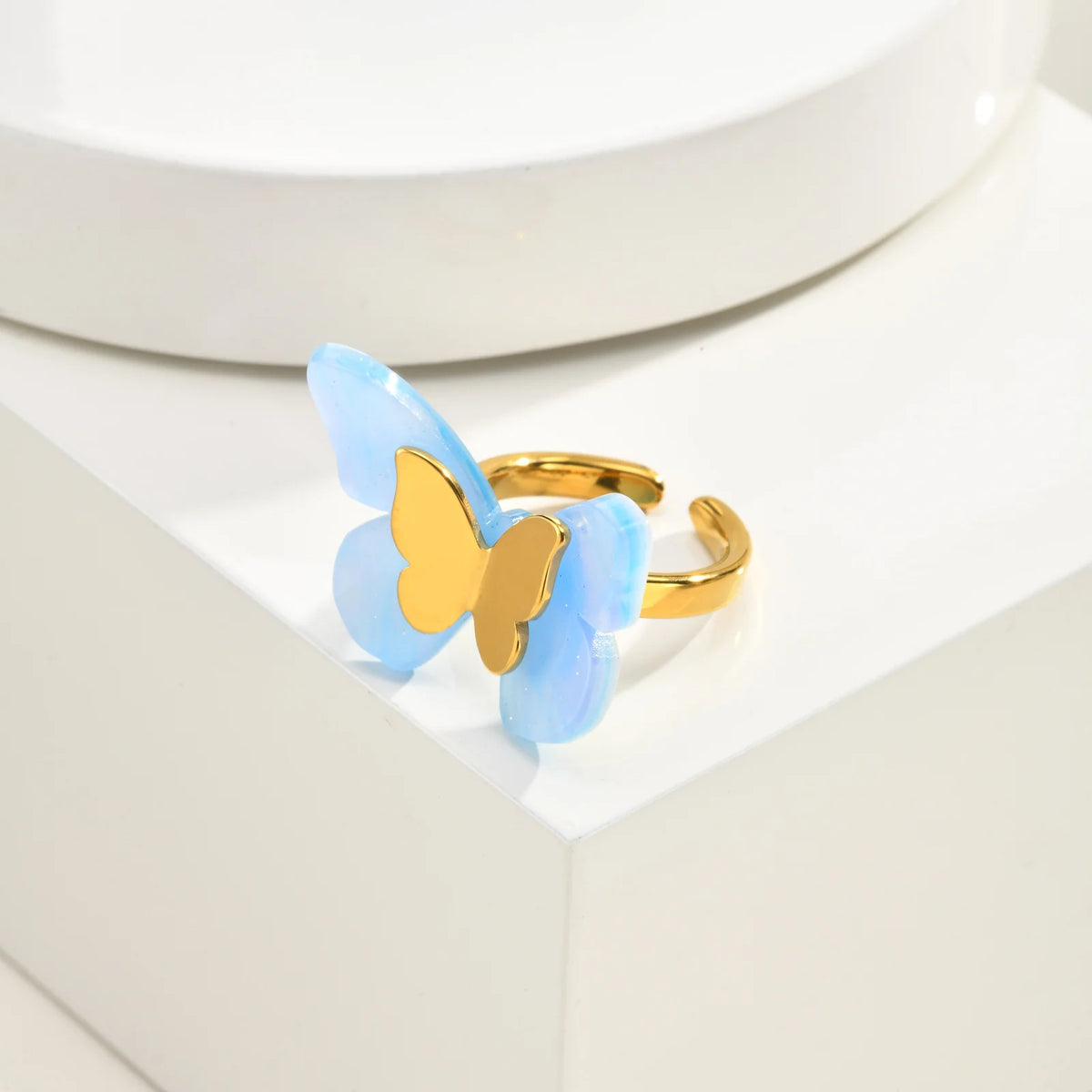 18K Gold Plated Butterfly Ring – Blue Acetate Open Band Fashion Ring SPOT