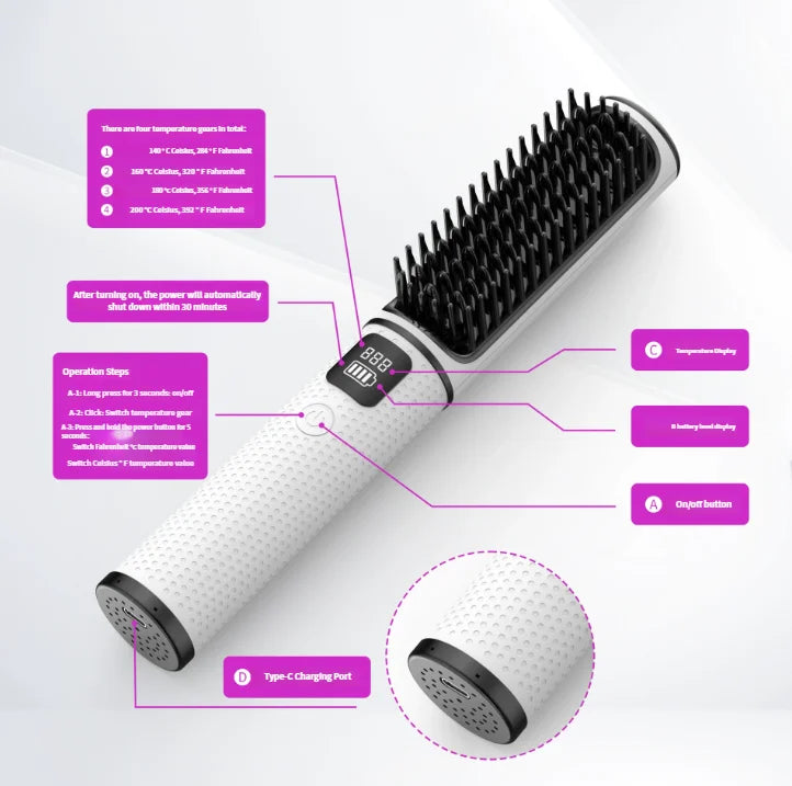 Wireless 2-in-1 Negative Ion Hair Straightening Brush | USB Hair Straightening Brush SPOT