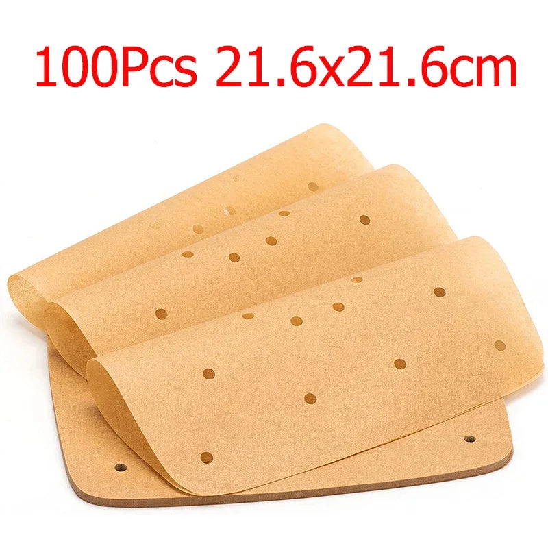100-Pack Square Air Fryer Parchment Paper Liners – Perforated Air Fryer Liners SPOT 21.6x21.6cm Square